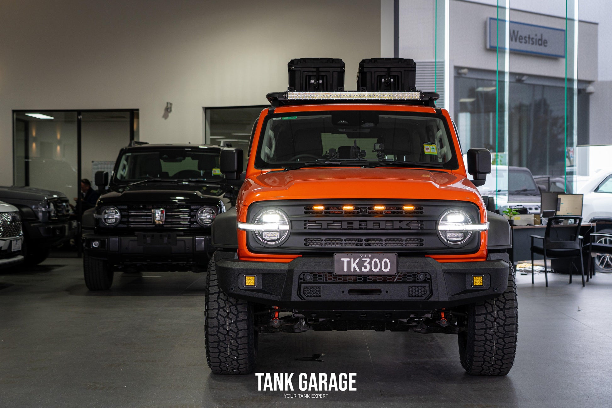 an orange Tank 300 featuring the War God front grille and TANK 300 Front Bumper "Gulfstream."