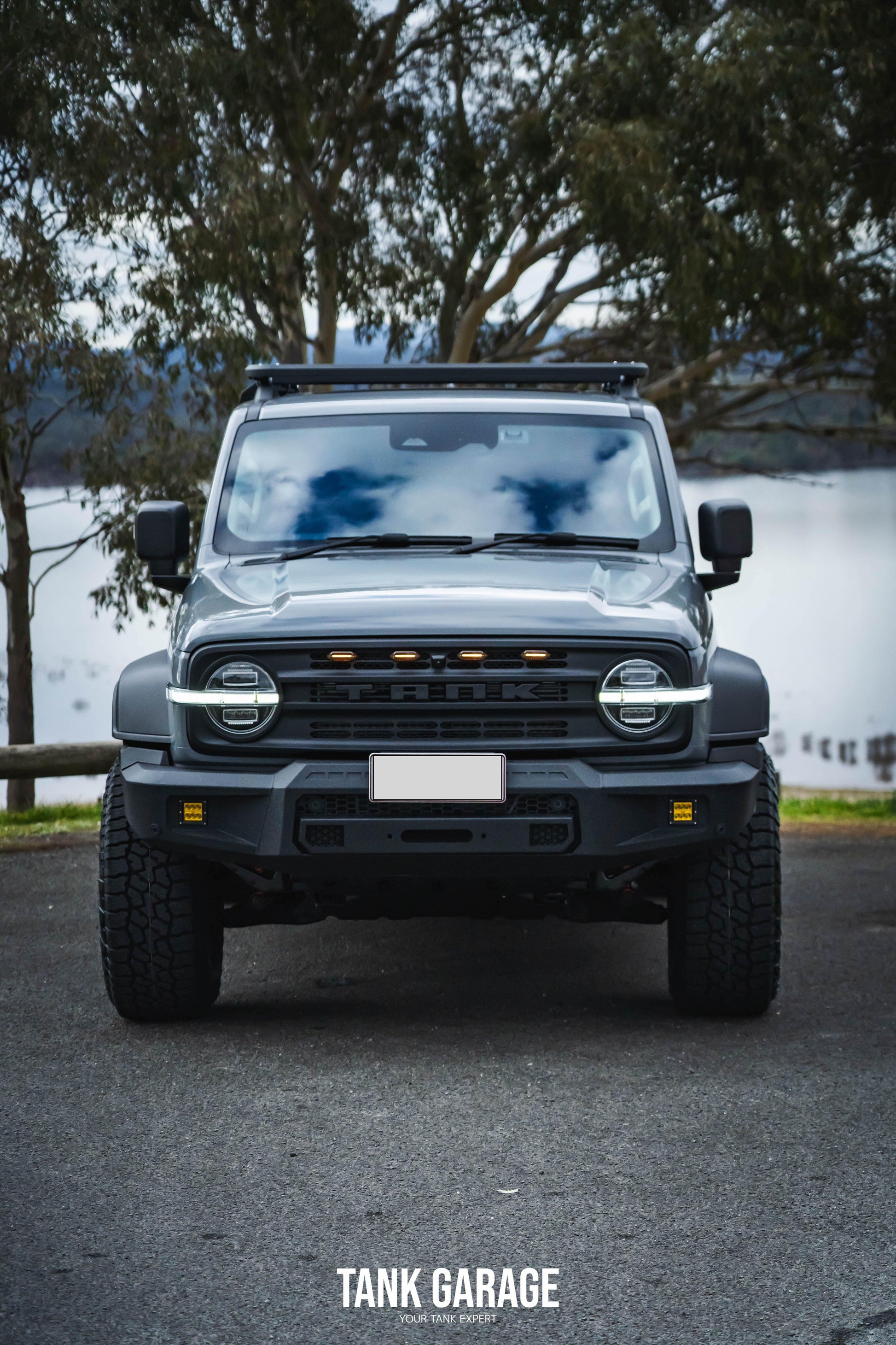 An grey Tank 300 with the War God front grille and TANK 300 Front Bumper "Gulfstream," 