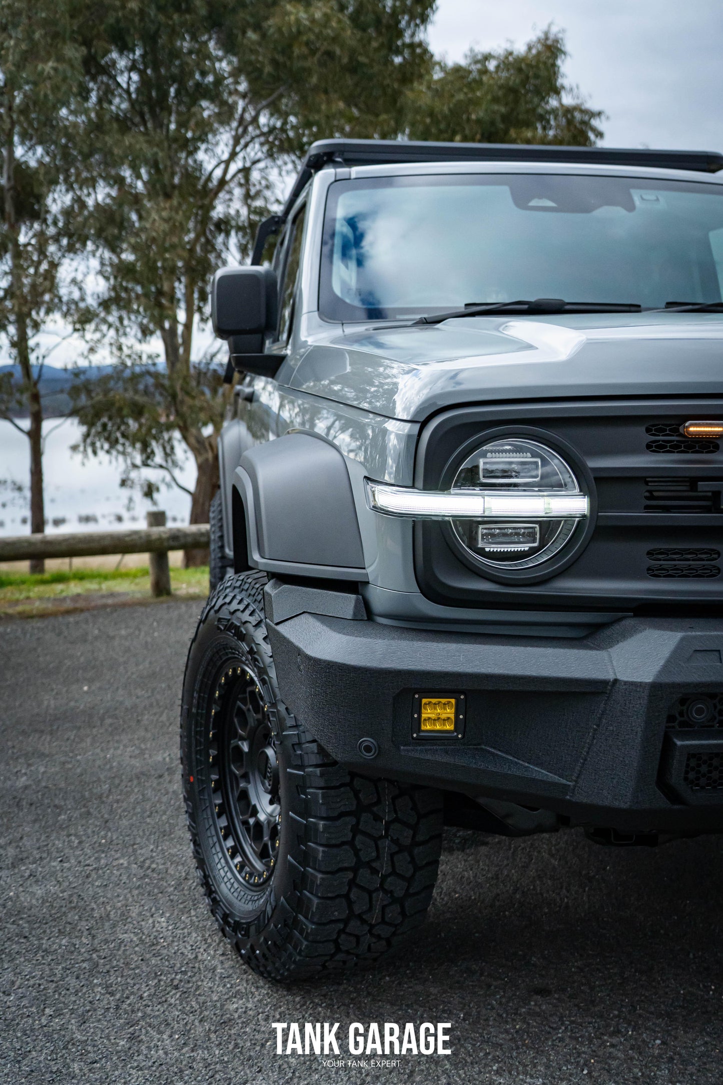 An grey Tank 300 with the War God front grille and TANK 300 Front Bumper "Gulfstream," 