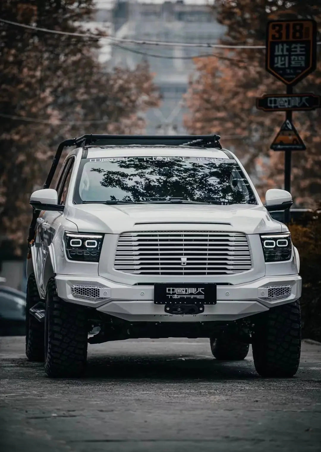 a white tank 500 with top fire roof rack and Hoopless Bullbar "Darkness"